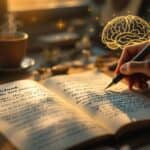 Person writing in a gratitude journaling notebook on a sunlit wooden desk with coffee, personal mementos, and a subtle brain illustration showing neural connections.